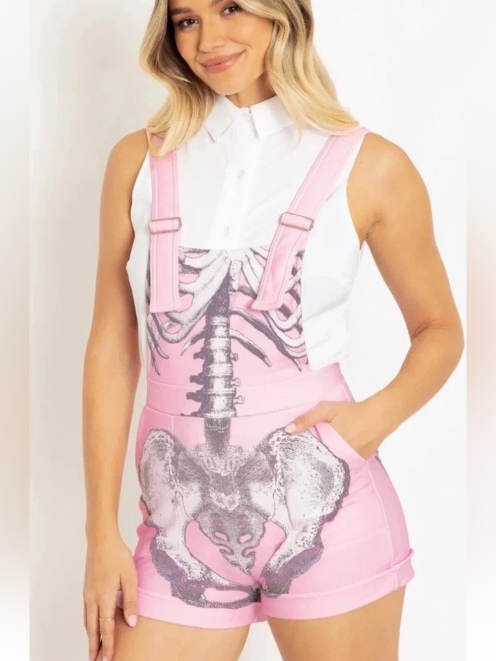 Black Milk Womens Pink Skeleton Short Overalls Romper Size Medium